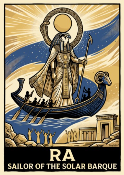 Poster featuring Ra as sailor of the solar barque in blue and gold tones.