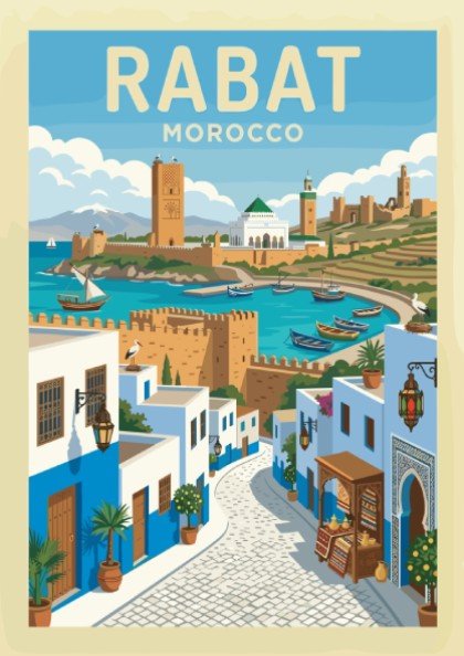 Retro travel poster of Rabat, Morocco, featuring blue and white buildings, a harbor, and historic