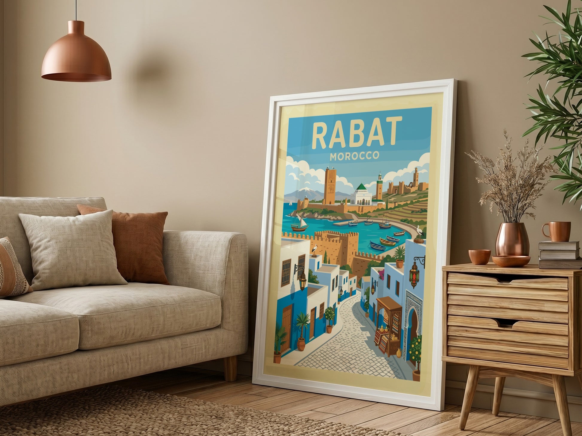 Retro travel poster of Rabat, Morocco, featuring blue and white buildings, a harbor, and historic