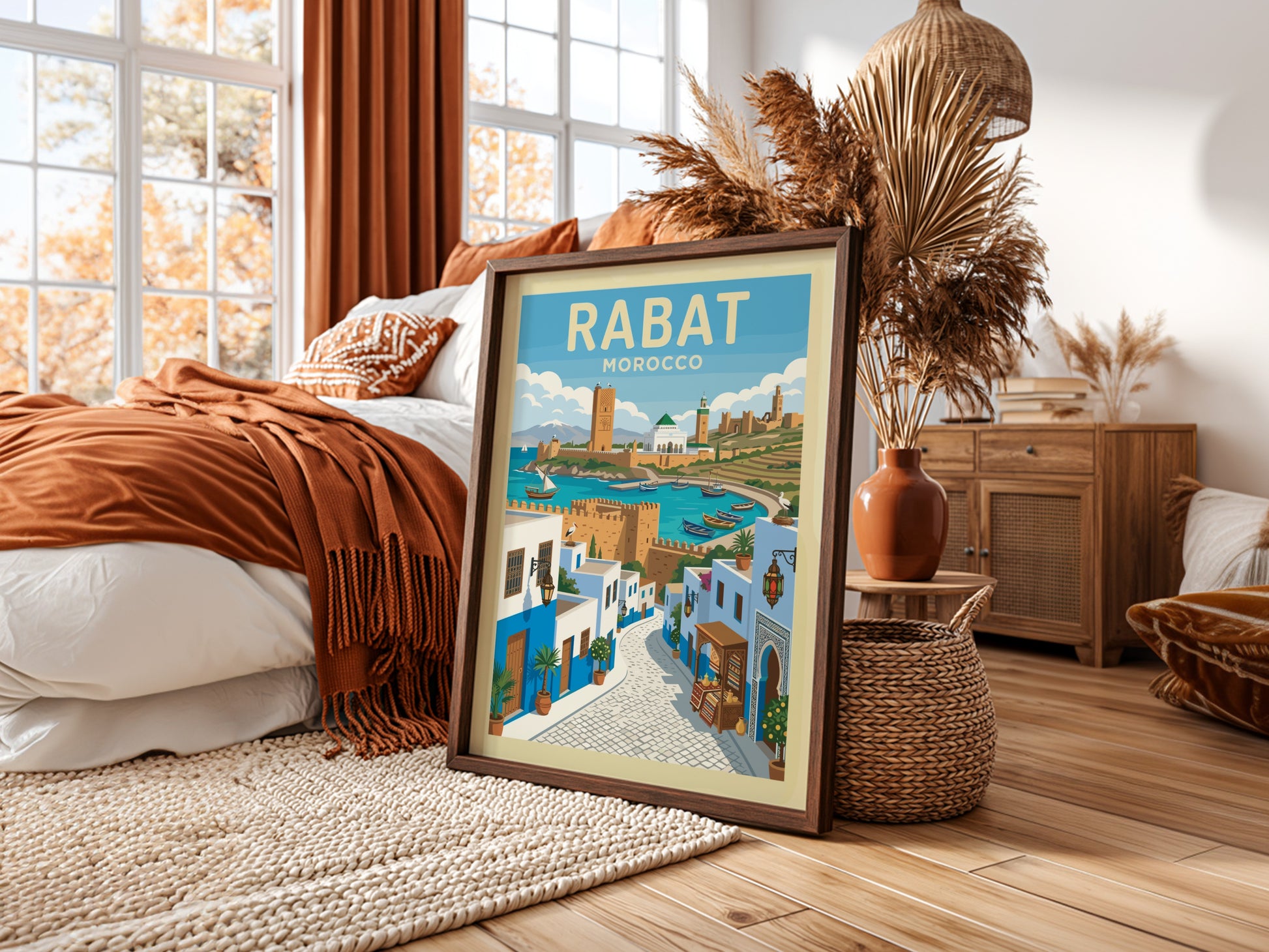 Retro travel poster of Rabat, Morocco, featuring blue and white buildings, a harbor, and historic