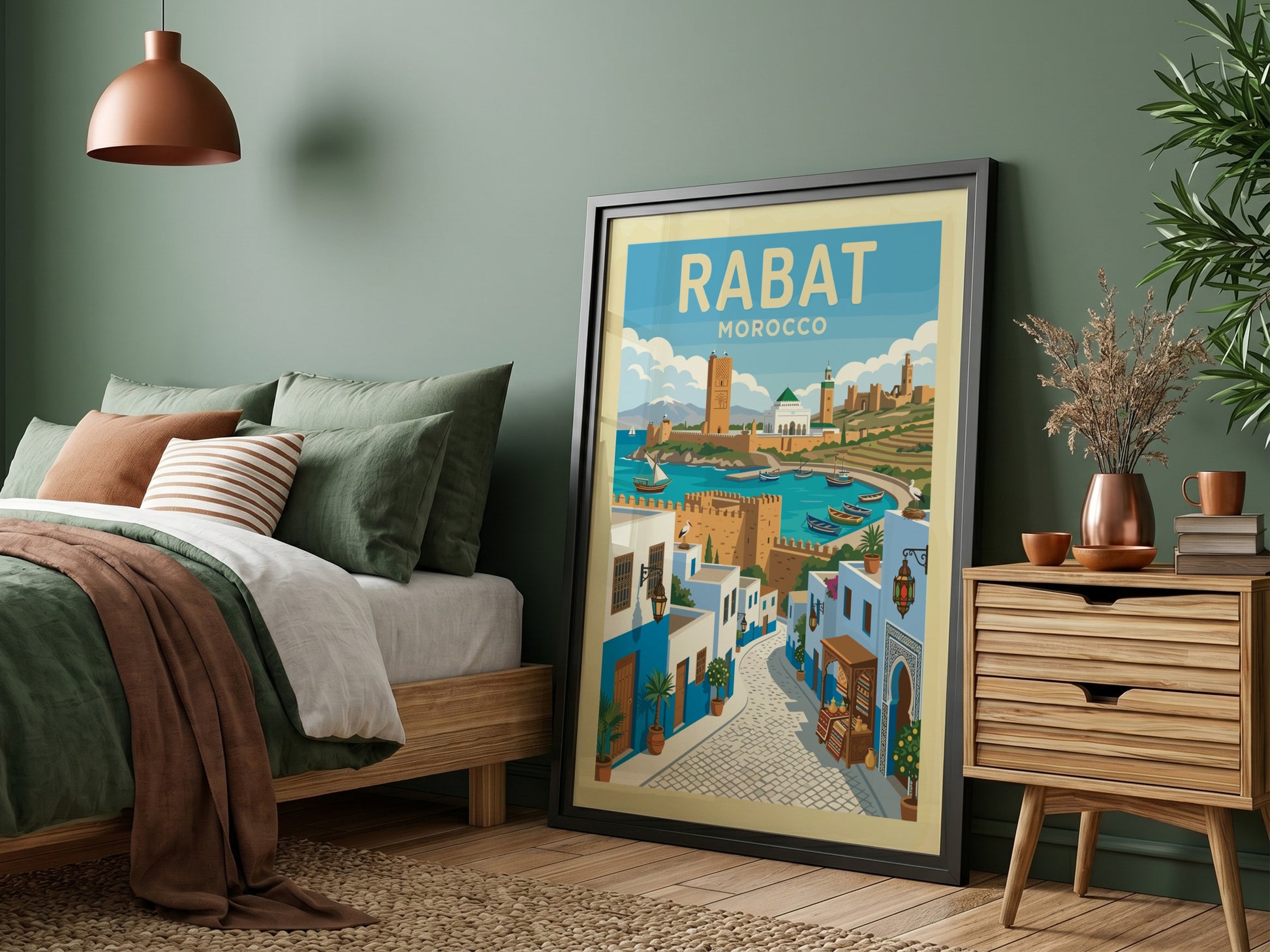 Retro travel poster of Rabat, Morocco, featuring blue and white buildings, a harbor, and historic