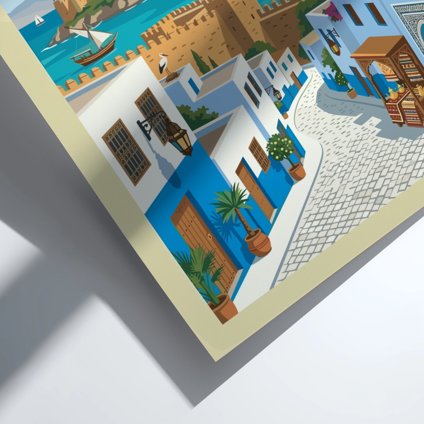 Retro travel poster of Rabat, Morocco, featuring blue and white buildings, a harbor, and historic