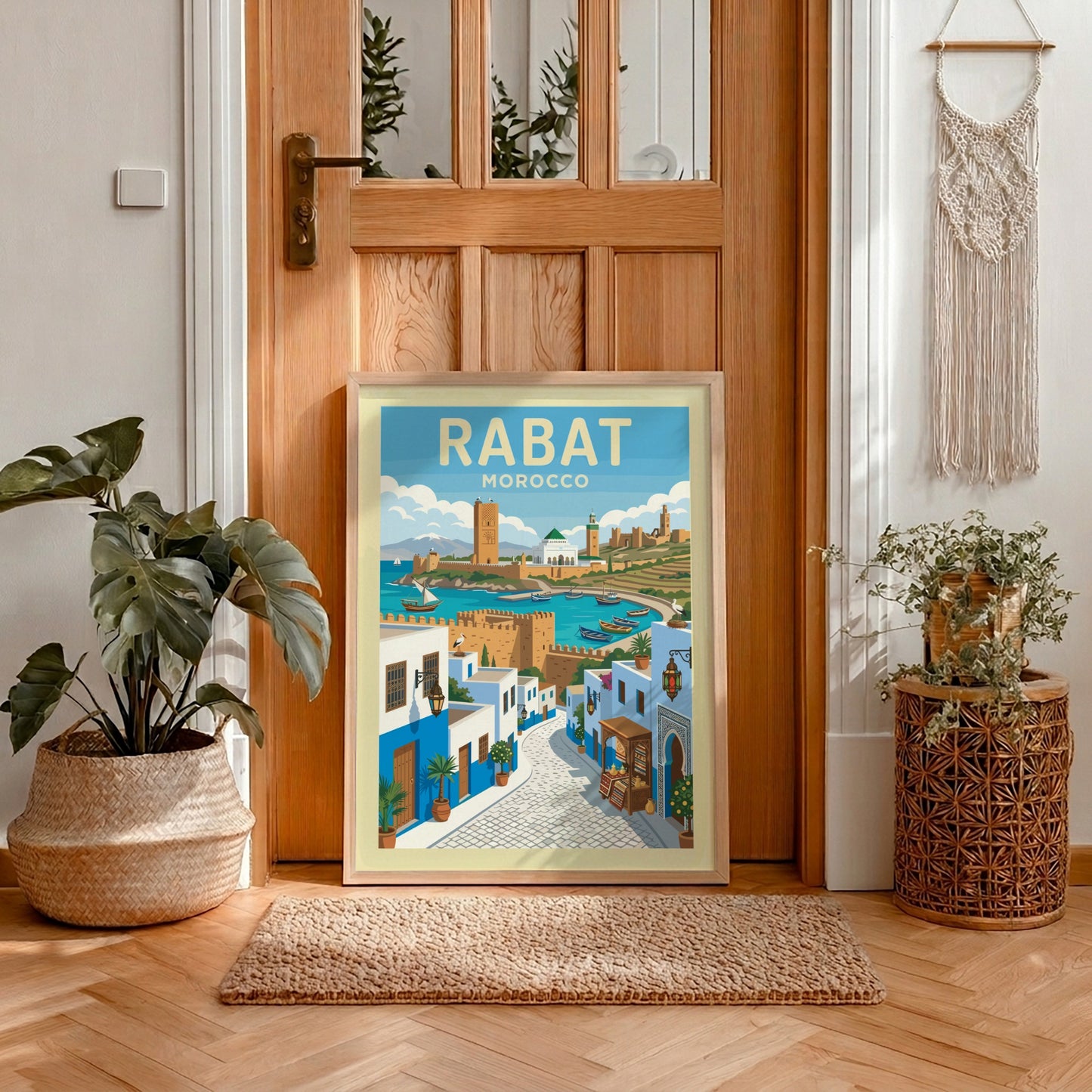 Retro travel poster of Rabat, Morocco, featuring blue and white buildings, a harbor, and historic