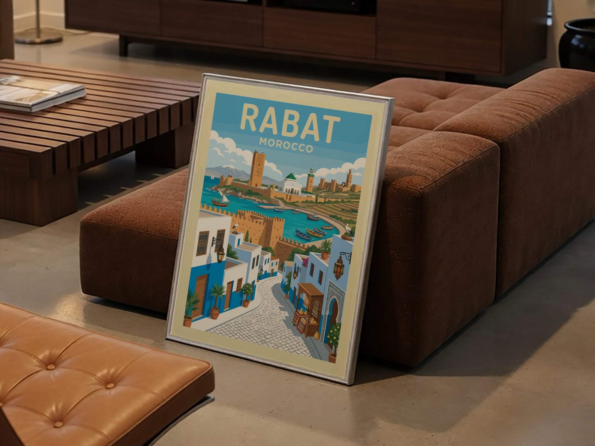 Retro travel poster of Rabat, Morocco, featuring blue and white buildings, a harbor, and historic