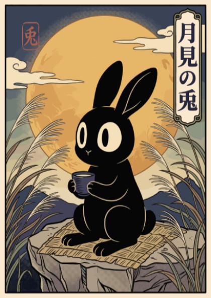 Poster of a black rabbit holding a teacup beneath a large golden moon