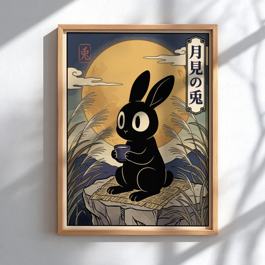 Poster of a black rabbit holding a teacup beneath a large golden moon