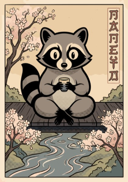 Poster featuring a zen raccoon sitting by a stream with cherry blossoms nearby.