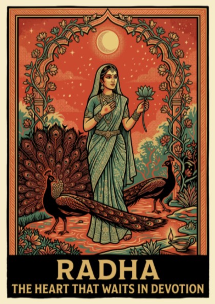 Poster featuring Radha holding a lotus near peacocks under a crescent moon design