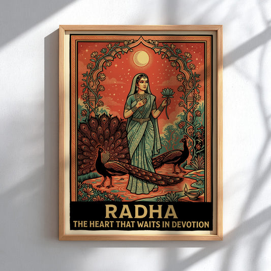 Poster featuring Radha holding a lotus near peacocks under a crescent moon design