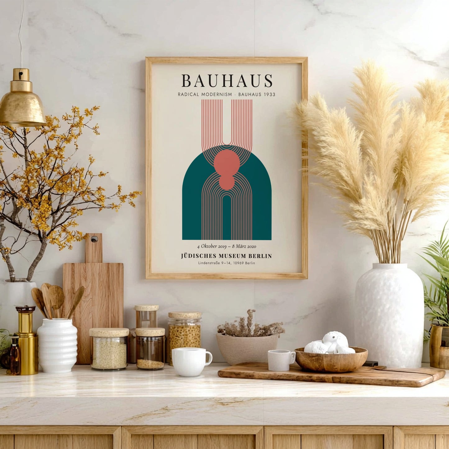 Bauhaus poster featuring geometric shapes and muted colors, modern design wall art