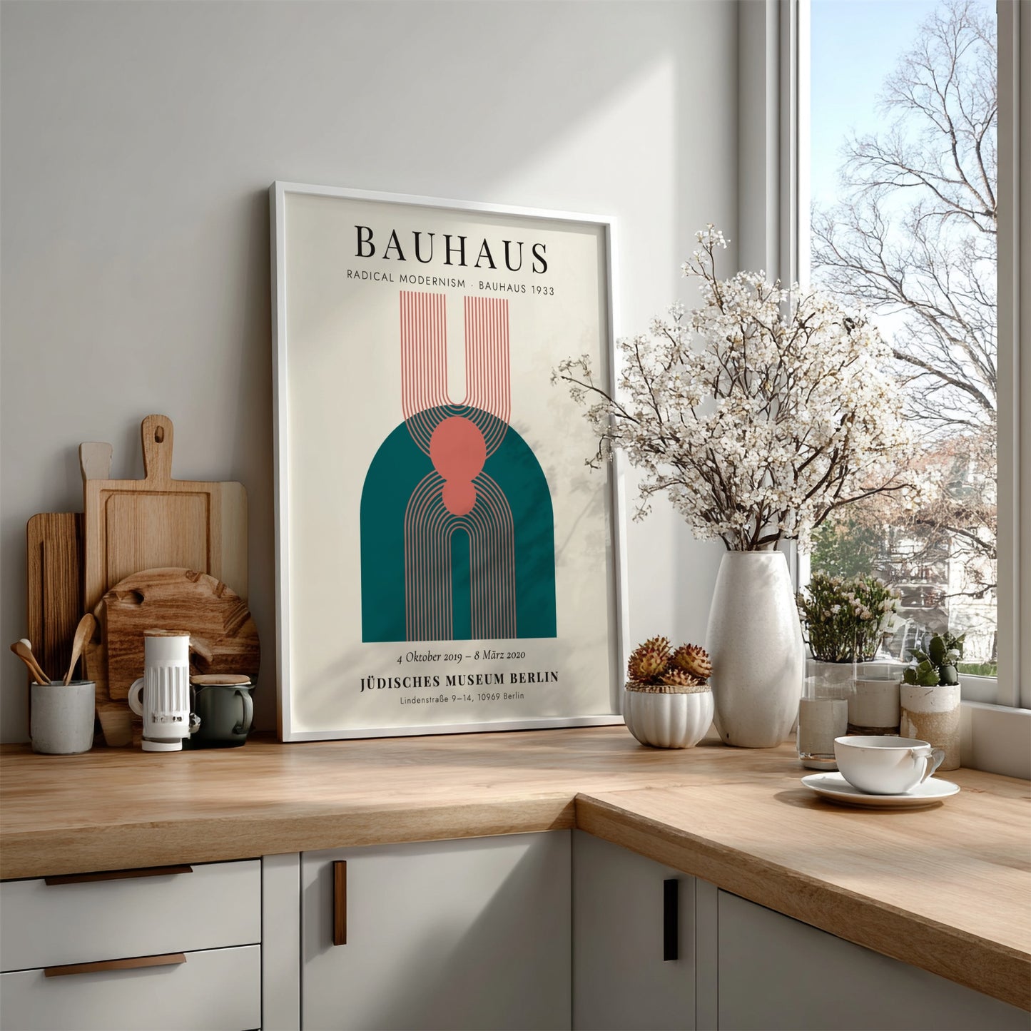 Bauhaus poster featuring geometric shapes and muted colors, modern design wall art