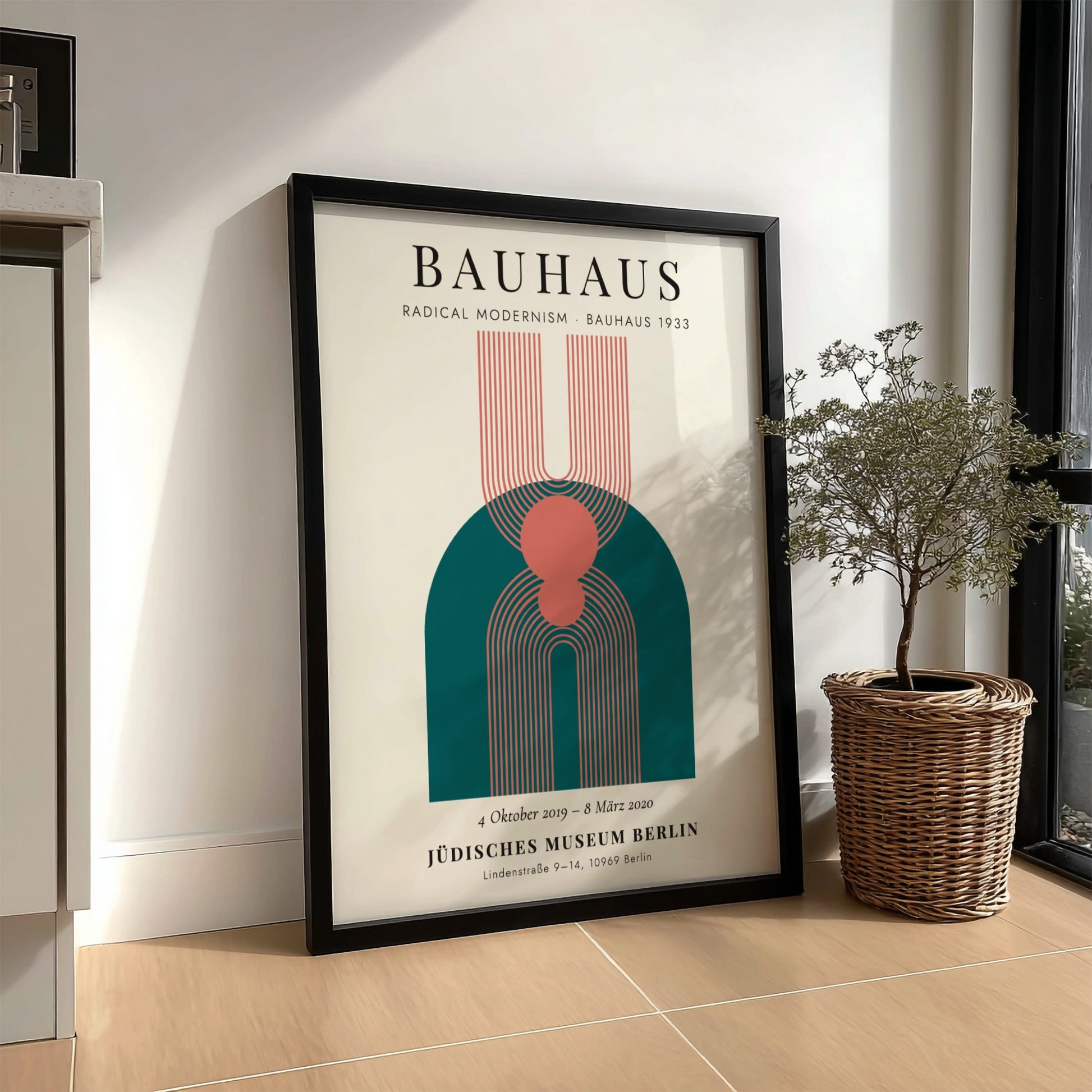 Bauhaus poster featuring geometric shapes and muted colors, modern design wall art