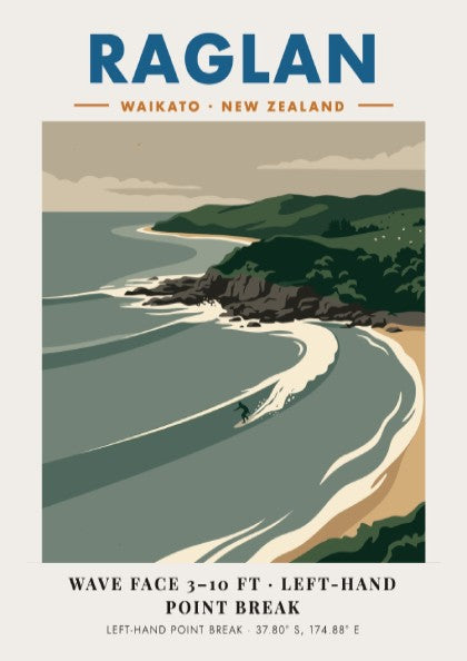 Raglan New Zealand surf poster featuring rolling waves and green cliffs in minimalist style.