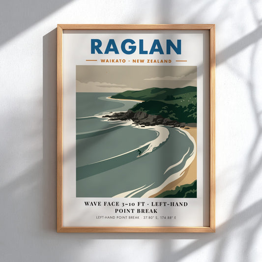 Raglan New Zealand surf poster featuring rolling waves and green cliffs in minimalist style.