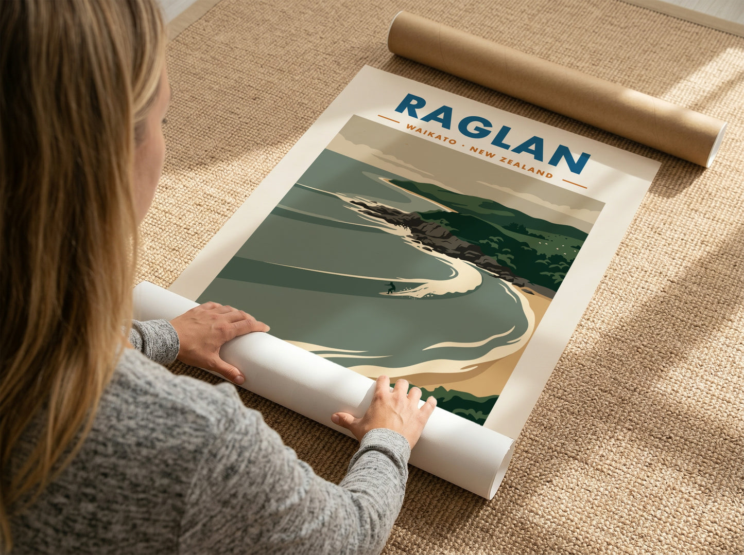 Raglan New Zealand surf poster featuring rolling waves and green cliffs in minimalist style.