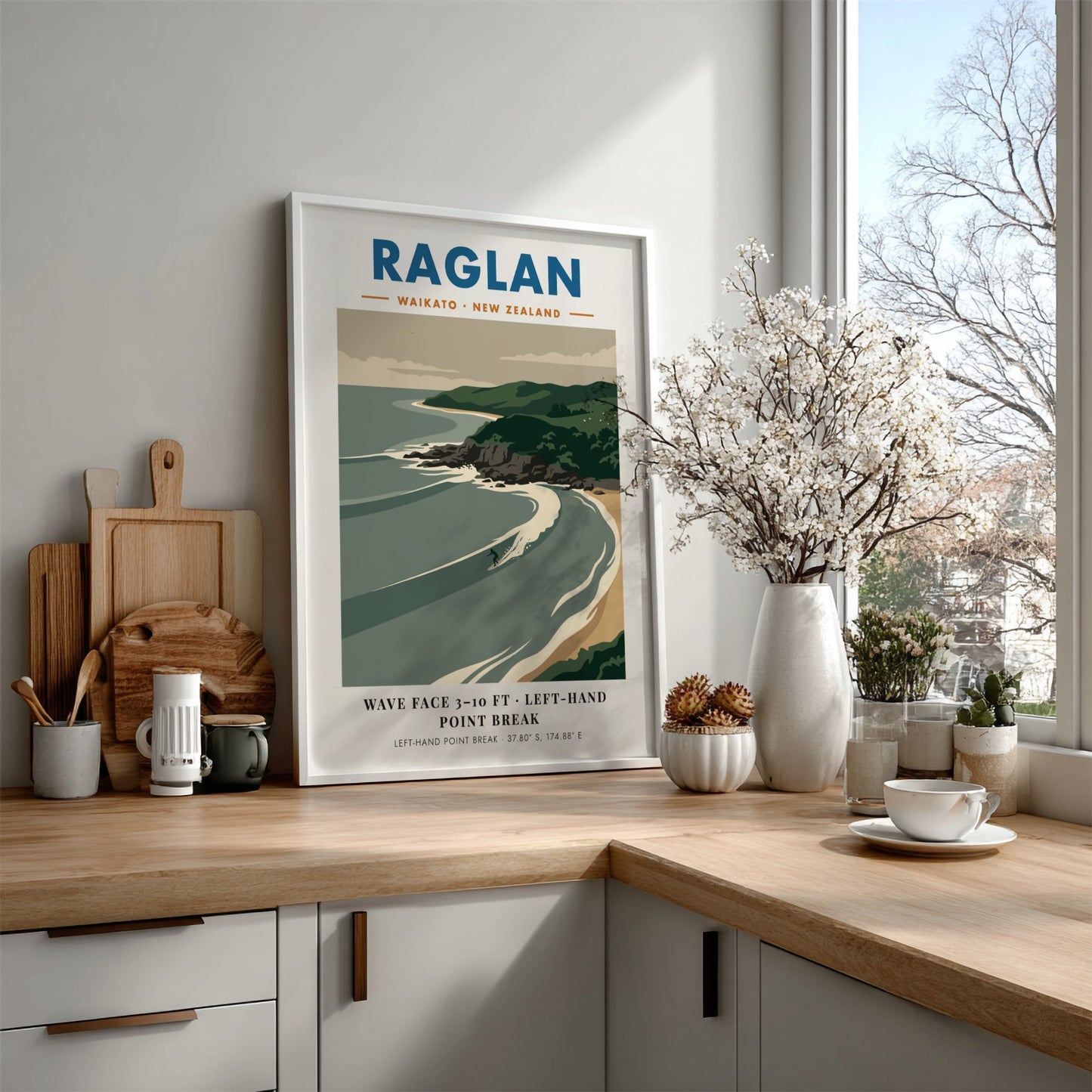 Raglan New Zealand surf poster featuring rolling waves and green cliffs in minimalist style.