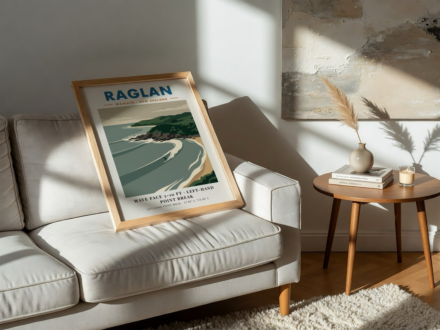 Raglan New Zealand surf poster featuring rolling waves and green cliffs in minimalist style.