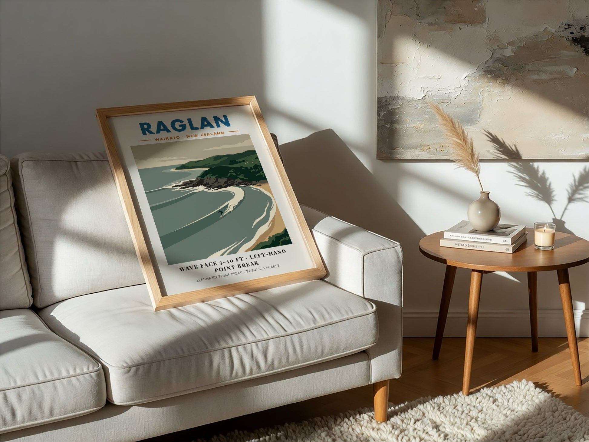 Raglan New Zealand surf poster featuring rolling waves and green cliffs in minimalist style.