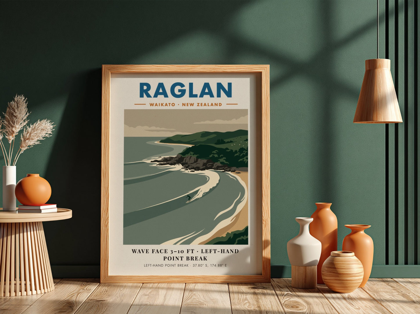 Raglan New Zealand surf poster featuring rolling waves and green cliffs in minimalist style.