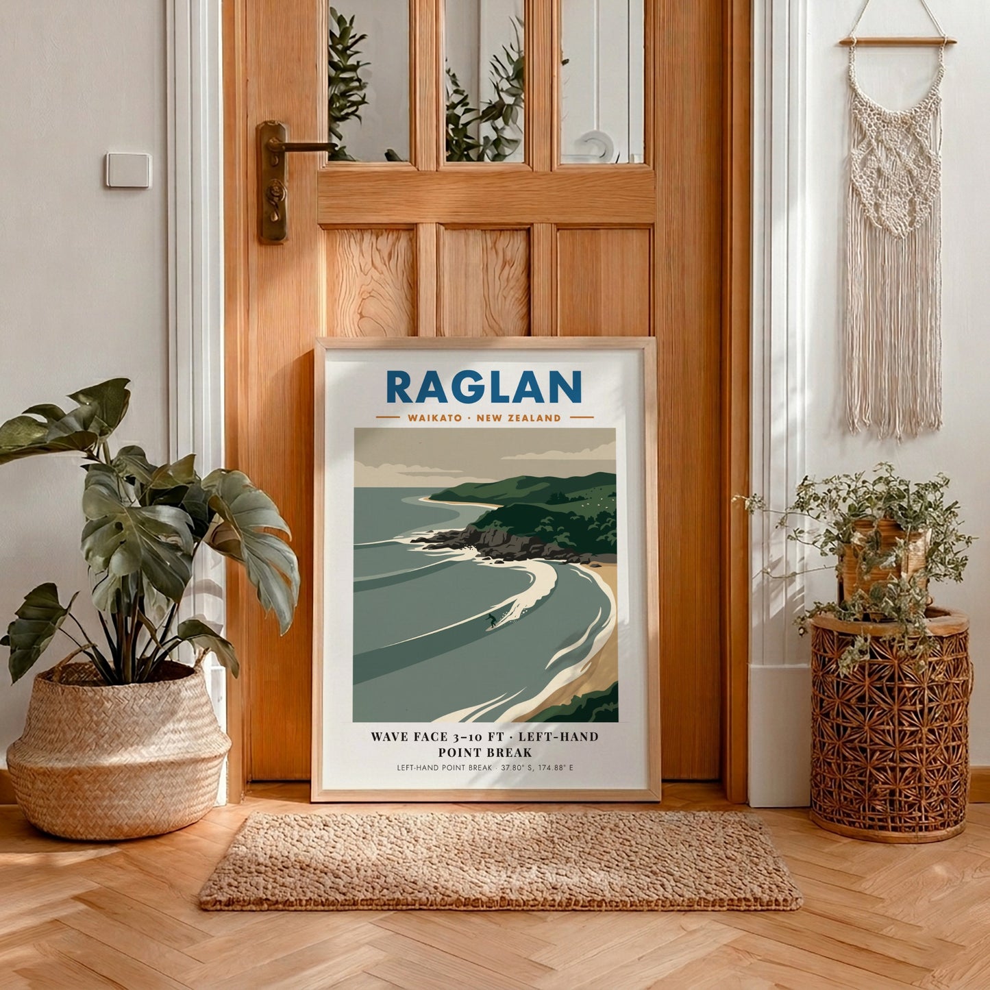 Raglan New Zealand surf poster featuring rolling waves and green cliffs in minimalist style.