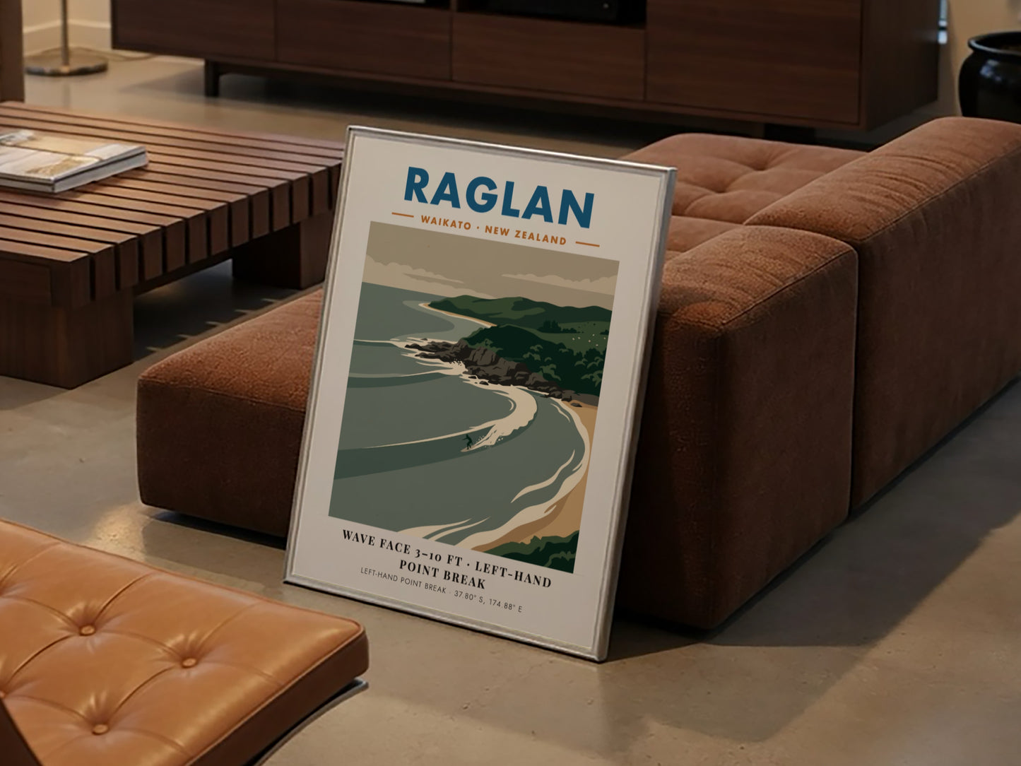Raglan New Zealand surf poster featuring rolling waves and green cliffs in minimalist style.