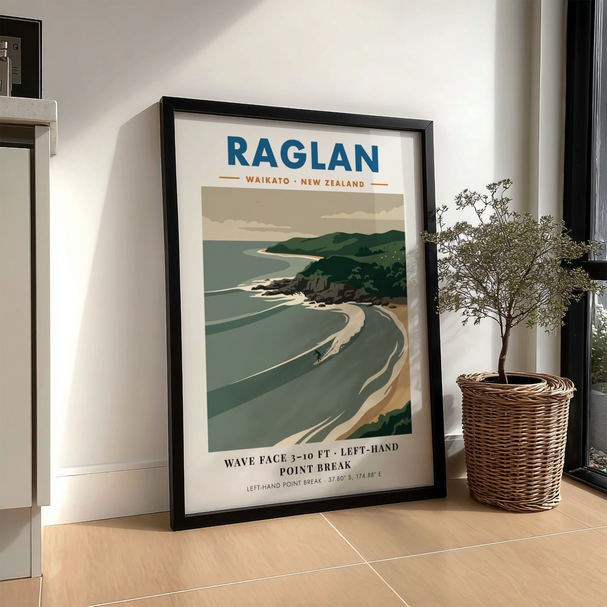 Raglan New Zealand surf poster featuring rolling waves and green cliffs in minimalist style.