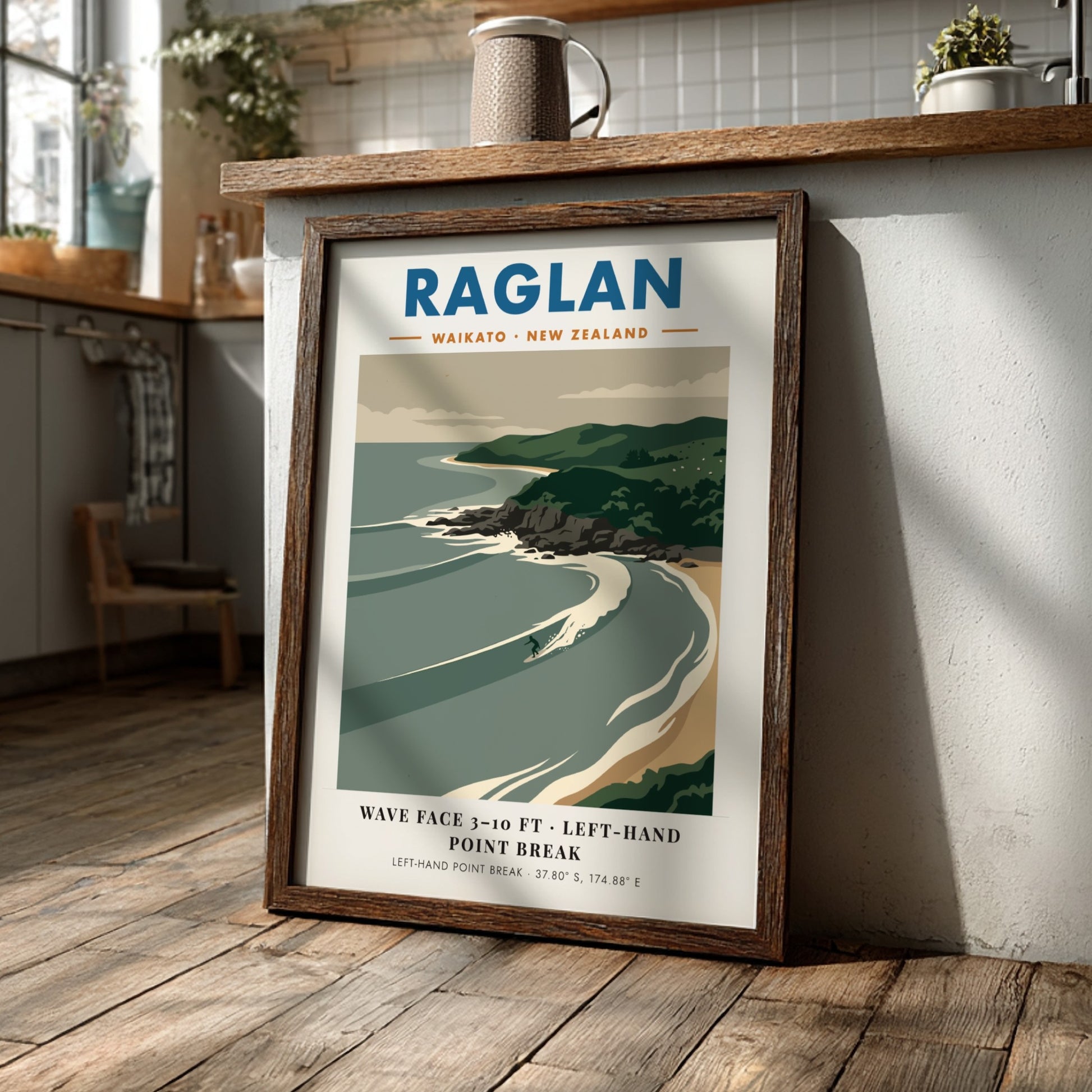 Raglan New Zealand surf poster featuring rolling waves and green cliffs in minimalist style.