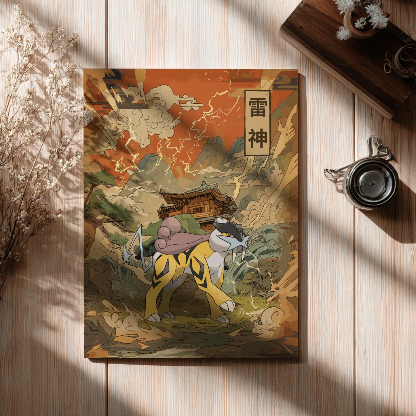 Vintage-style illustration of Raikou Pokemon with traditional elements on a wooden surface