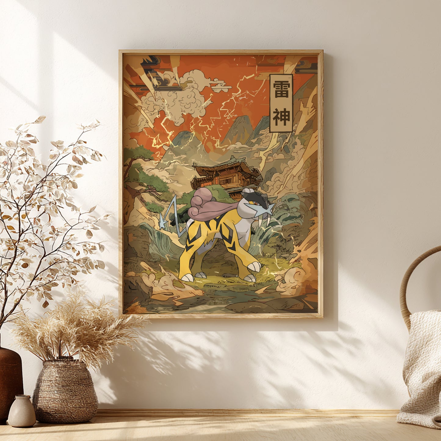 Framed artwork of a traditional Japanese scene with Raikou Pokemon, placed on a wall.