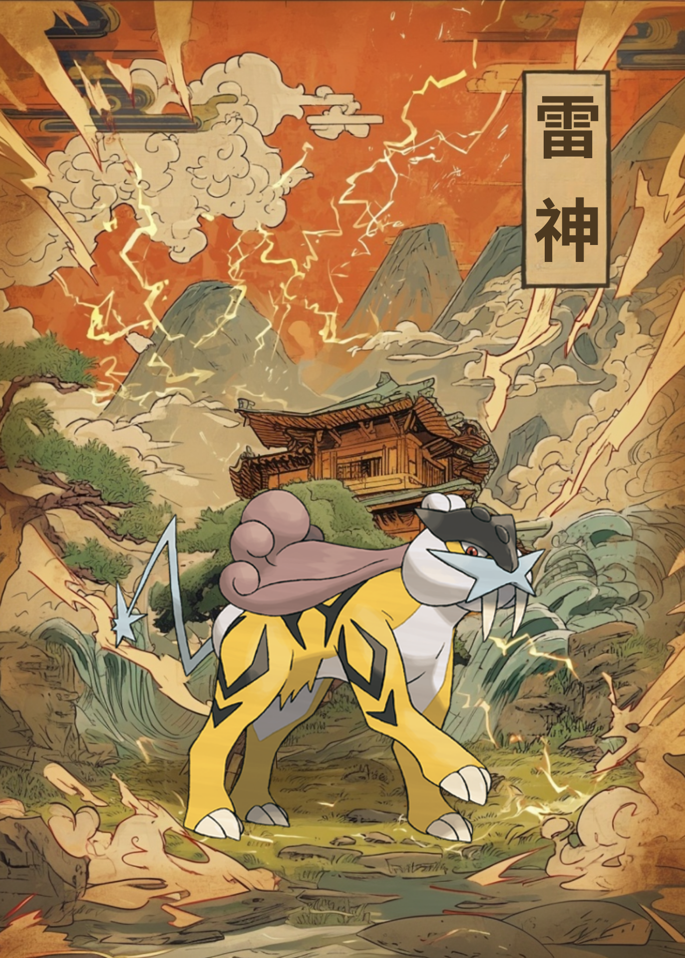 Raikou Pokemon design in a fantasy landscape with mountains and a temple.