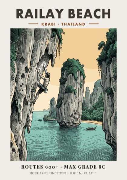 Poster showing a climber on a limestone cliff at Railay Beach in Thailand.