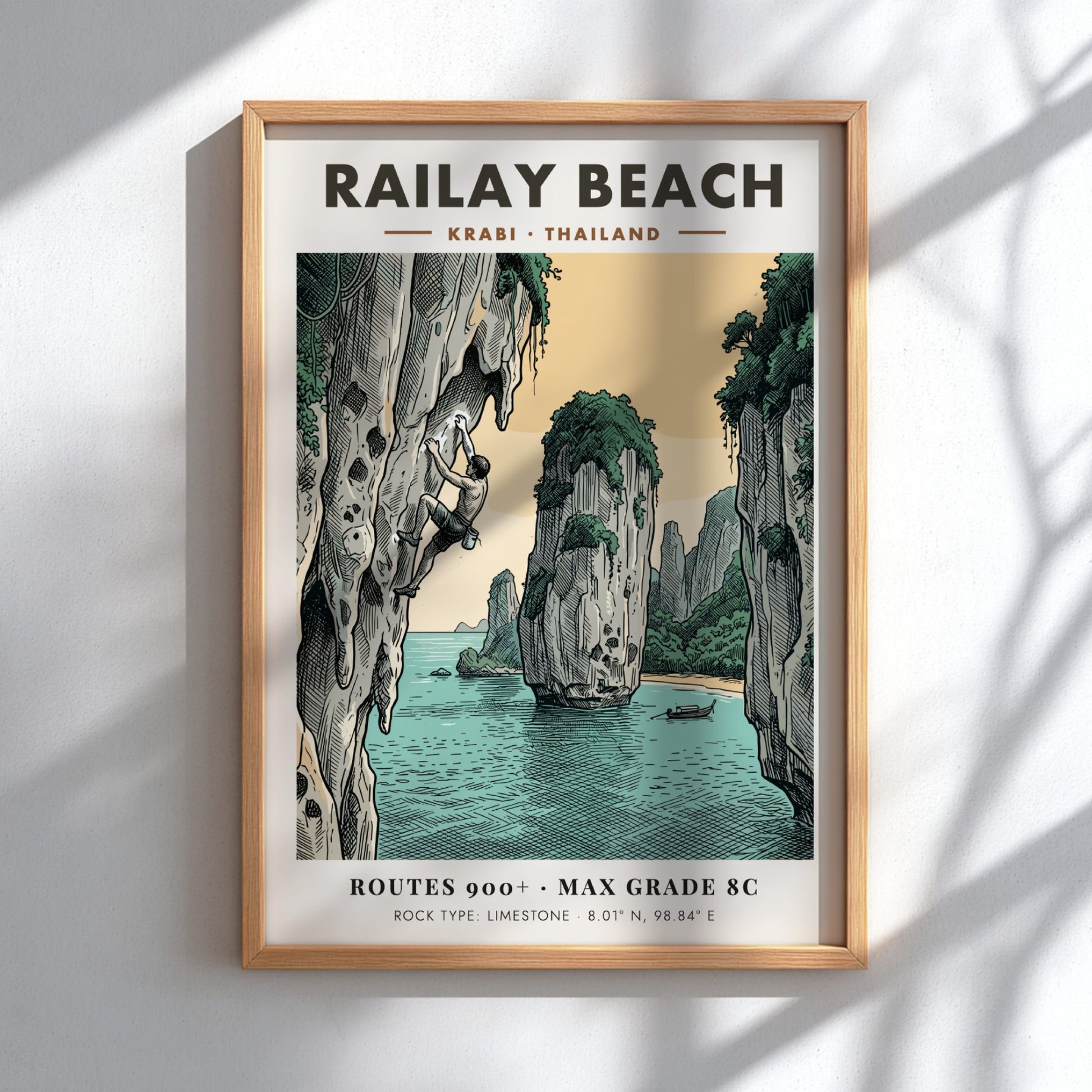 Poster showing a climber on a limestone cliff at Railay Beach in Thailand.