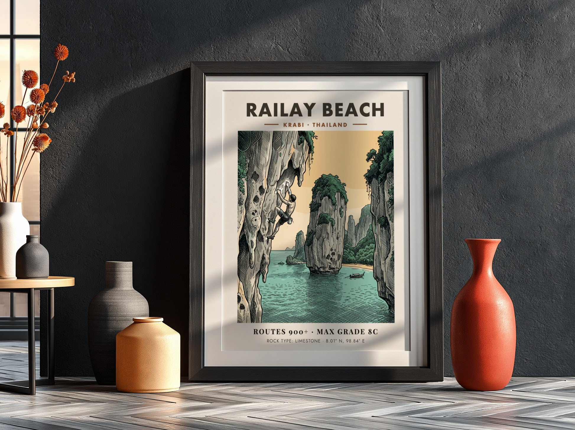 Poster showing a climber on a limestone cliff at Railay Beach in Thailand.