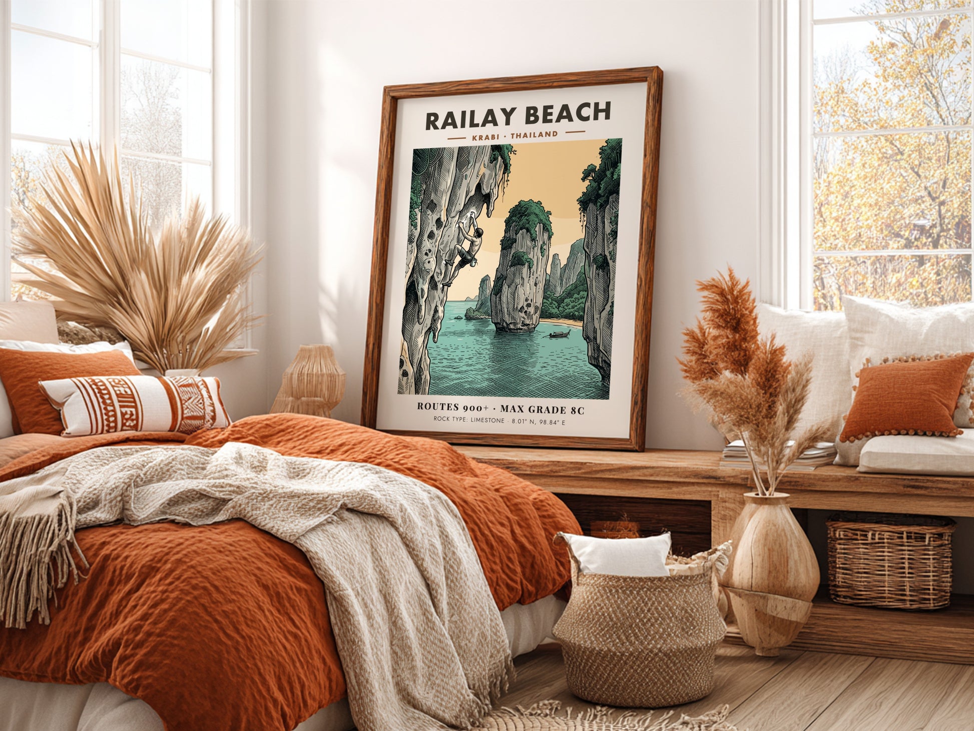 Poster showing a climber on a limestone cliff at Railay Beach in Thailand.