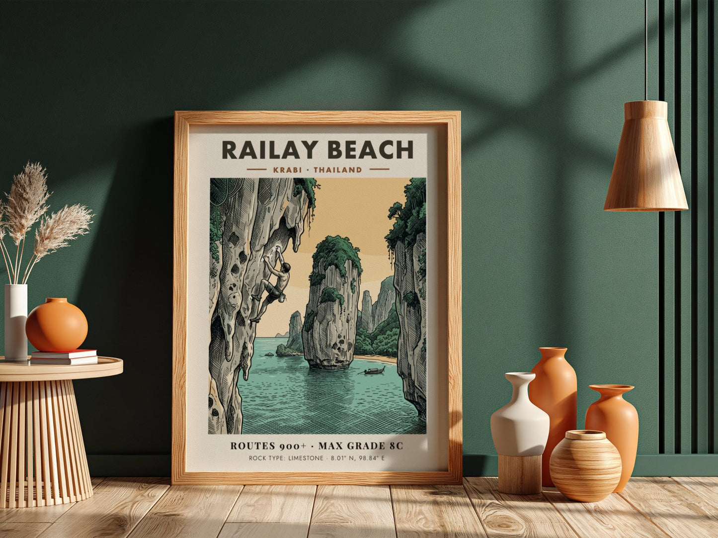 Poster showing a climber on a limestone cliff at Railay Beach in Thailand.
