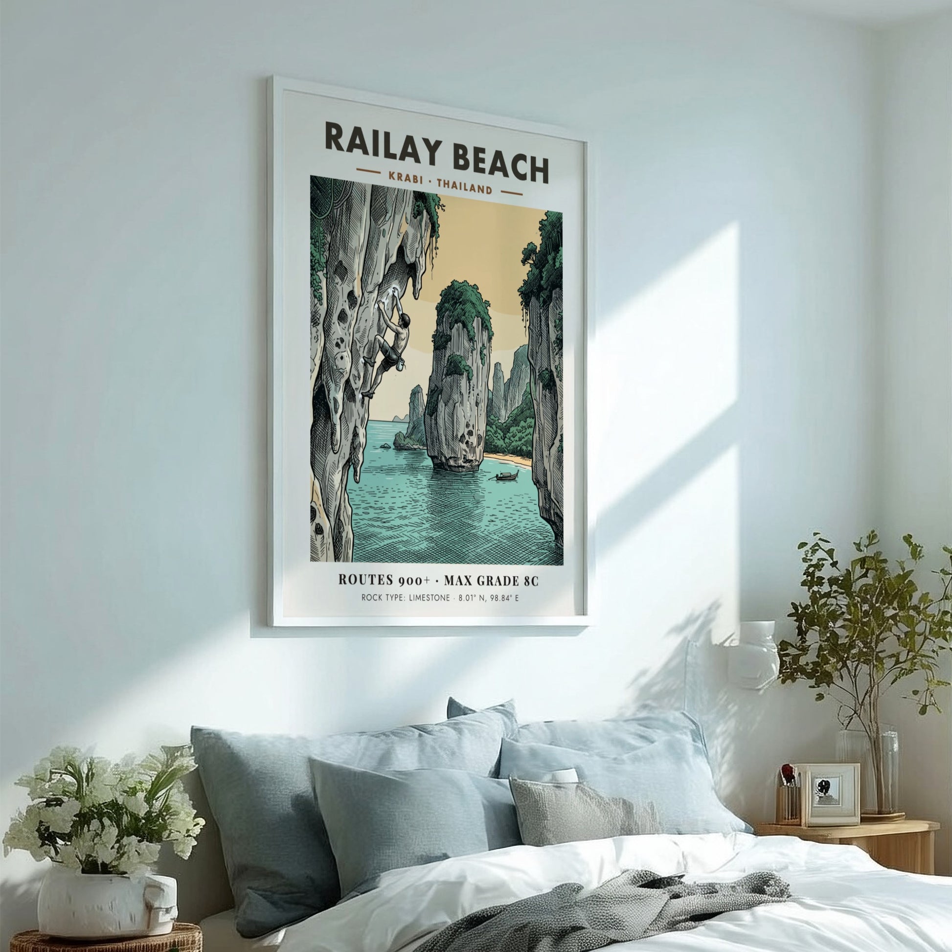 Poster showing a climber on a limestone cliff at Railay Beach in Thailand.