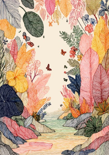 Rainforest Creek poster featuring colorful tropical foliage, butterflies, and a creek in a linework