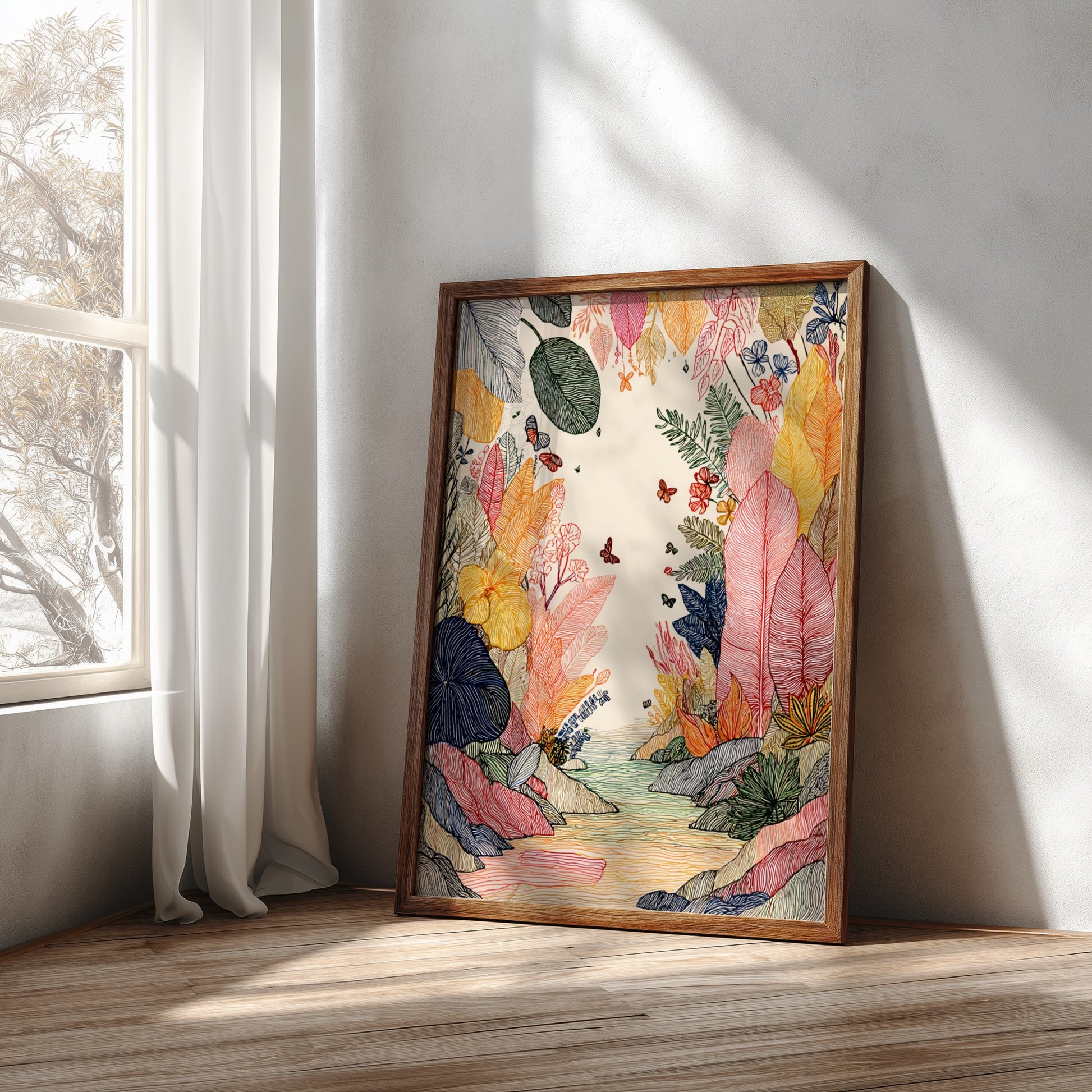 Rainforest Creek poster featuring colorful tropical foliage, butterflies, and a creek in a linework