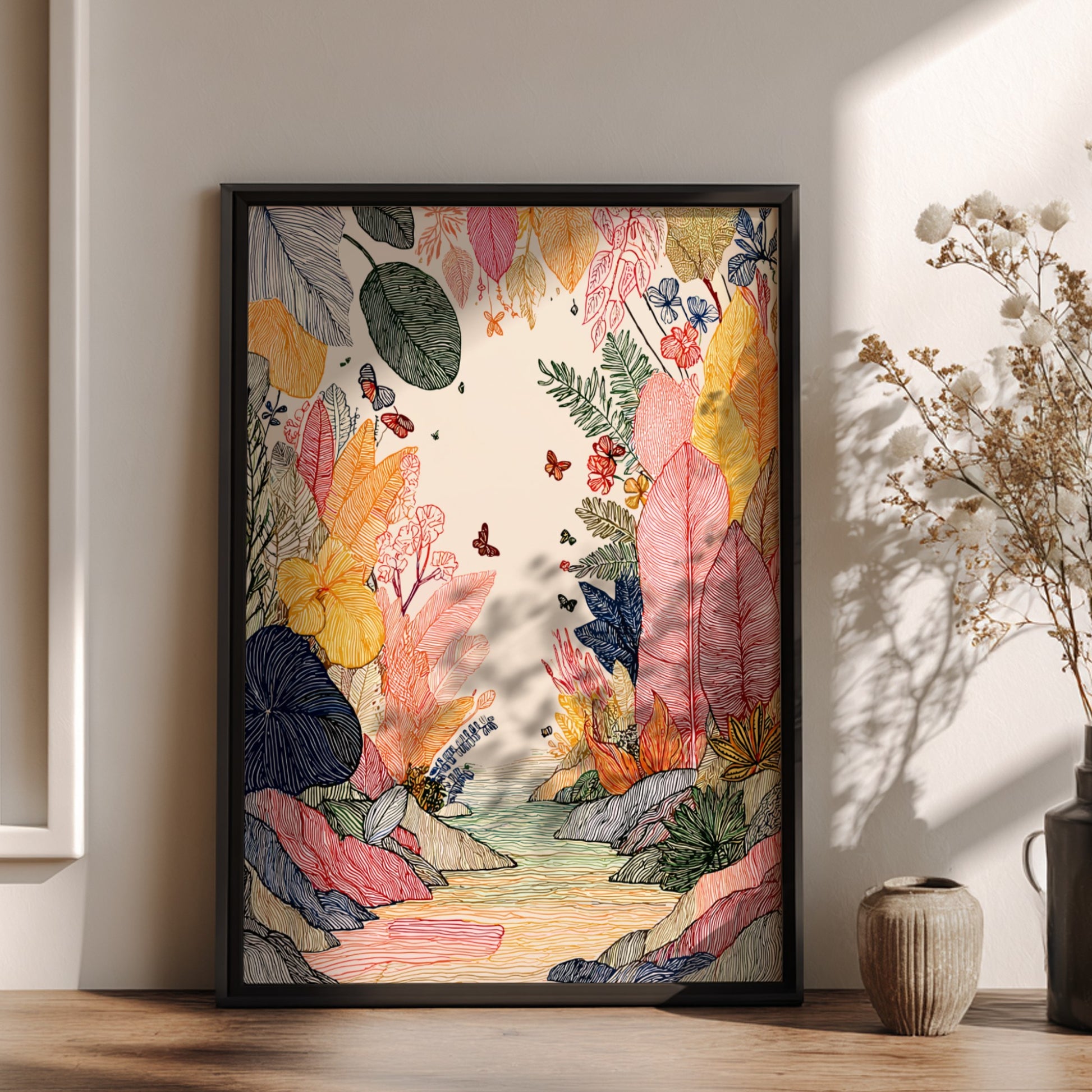 Rainforest Creek poster featuring colorful tropical foliage, butterflies, and a creek in a linework