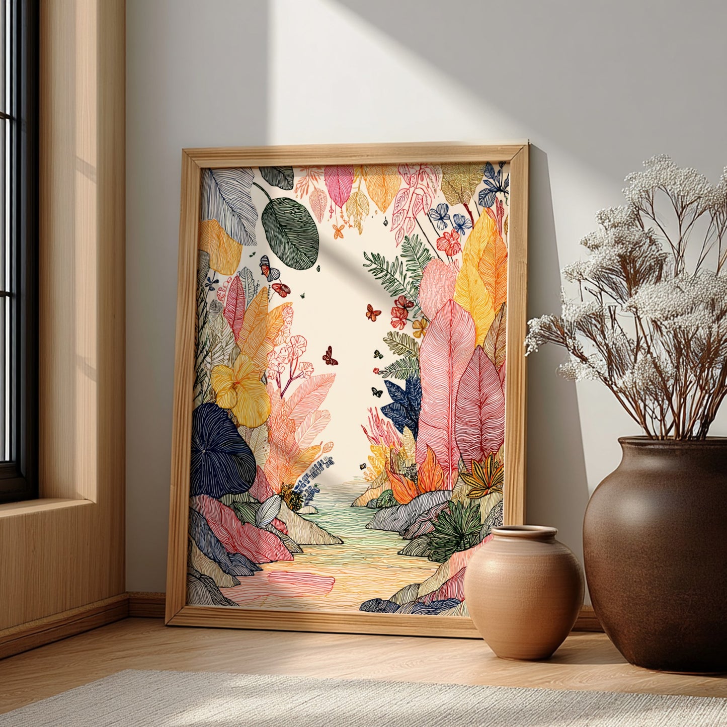 Rainforest Creek poster featuring colorful tropical foliage, butterflies, and a creek in a linework