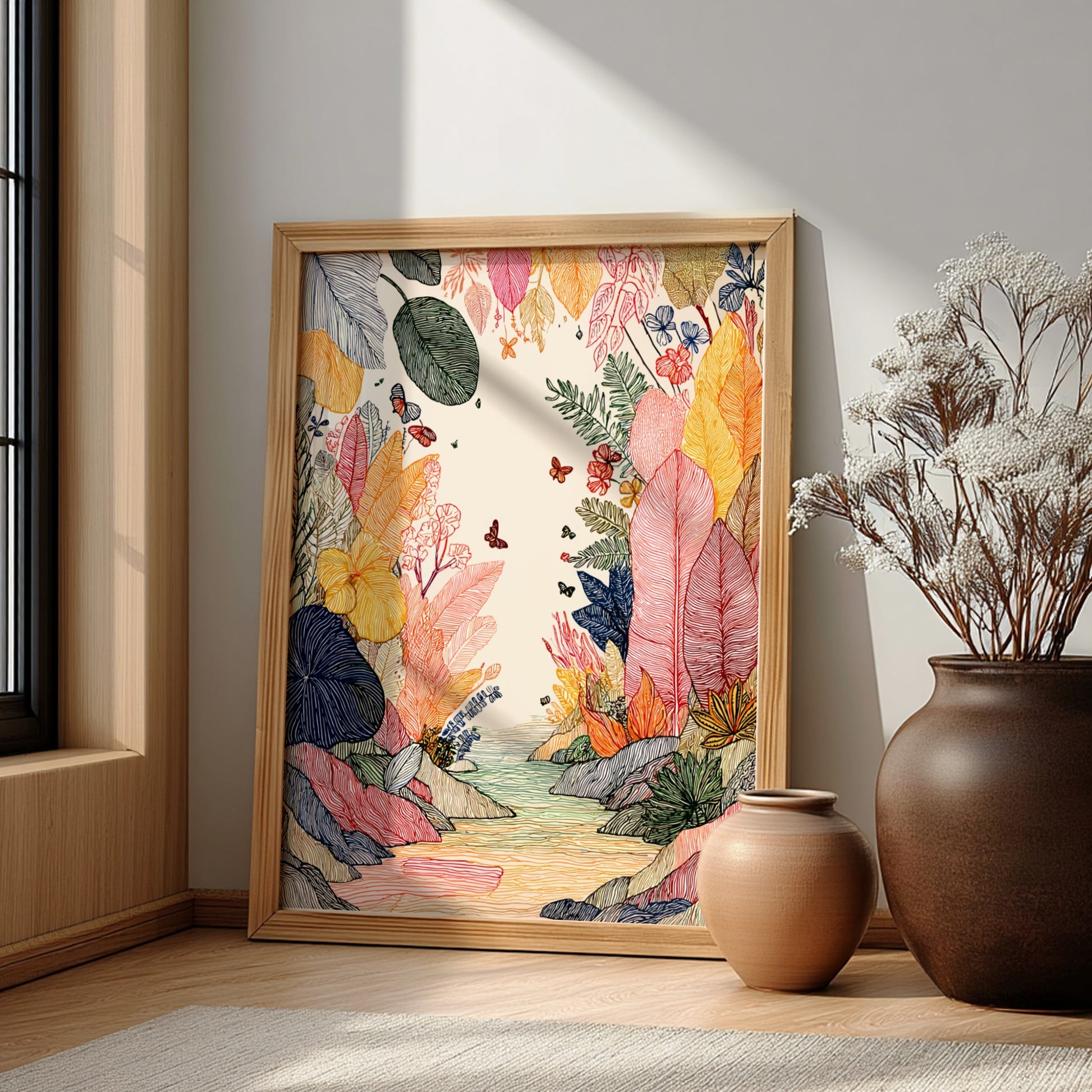 Rainforest Creek poster featuring colorful tropical foliage, butterflies, and a creek in a linework