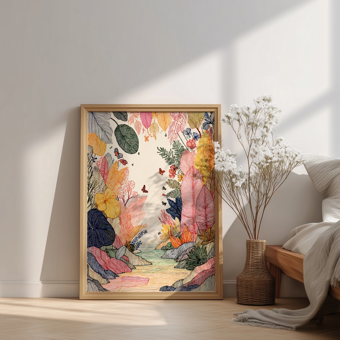 Rainforest Creek poster featuring colorful tropical foliage, butterflies, and a creek in a linework