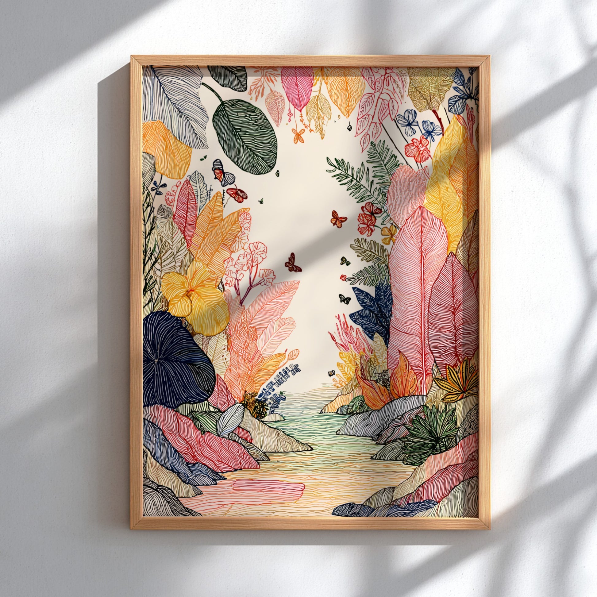 Rainforest Creek poster featuring colorful tropical foliage, butterflies, and a creek in a linework