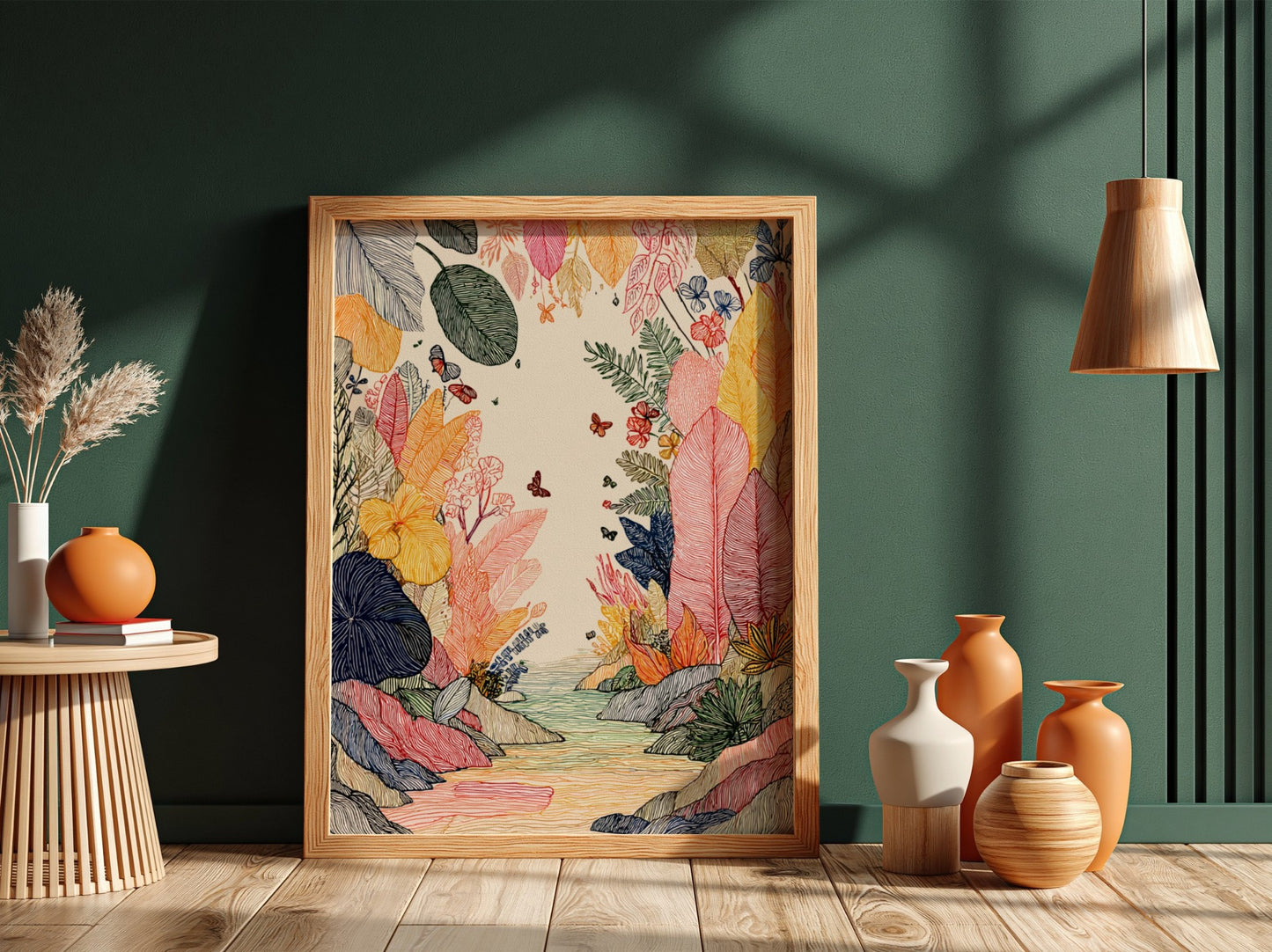Rainforest Creek poster featuring colorful tropical foliage, butterflies, and a creek in a linework