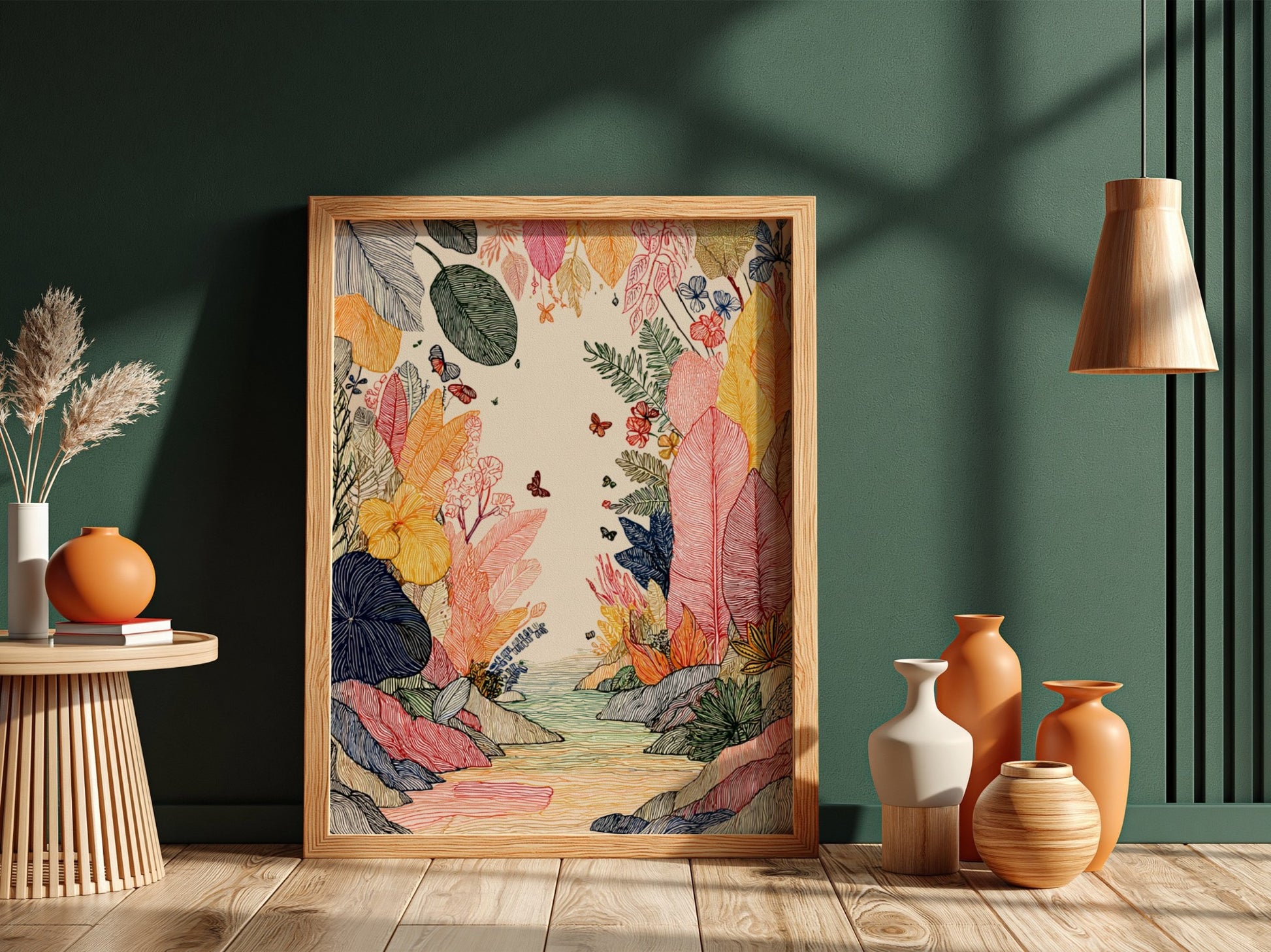 Rainforest Creek poster featuring colorful tropical foliage, butterflies, and a creek in a linework
