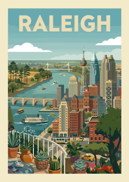 Stylized illustration of the Raleigh skyline with a river, bridges, and cityscape art.