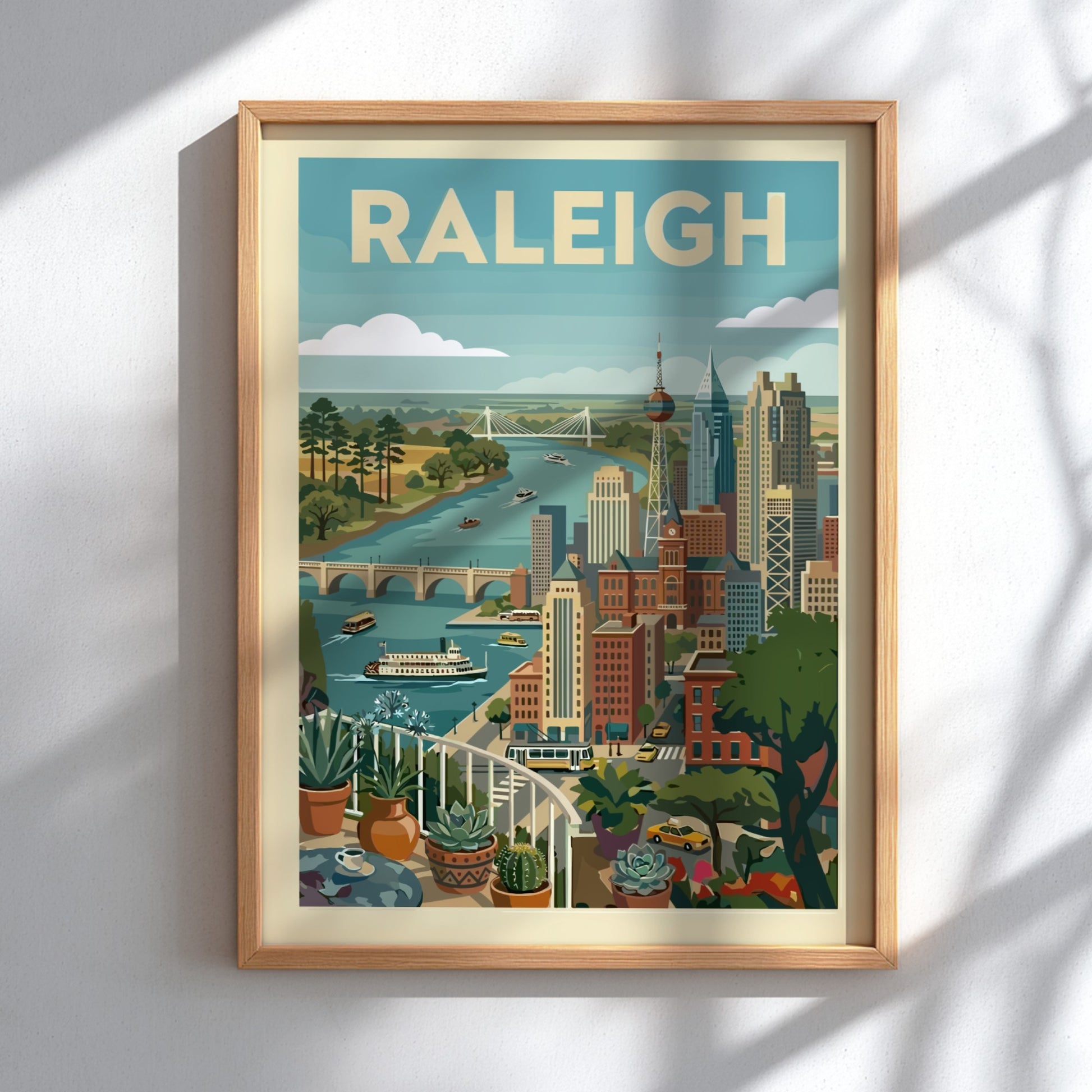 Stylized illustration of the Raleigh skyline with a river, bridges, and cityscape art.