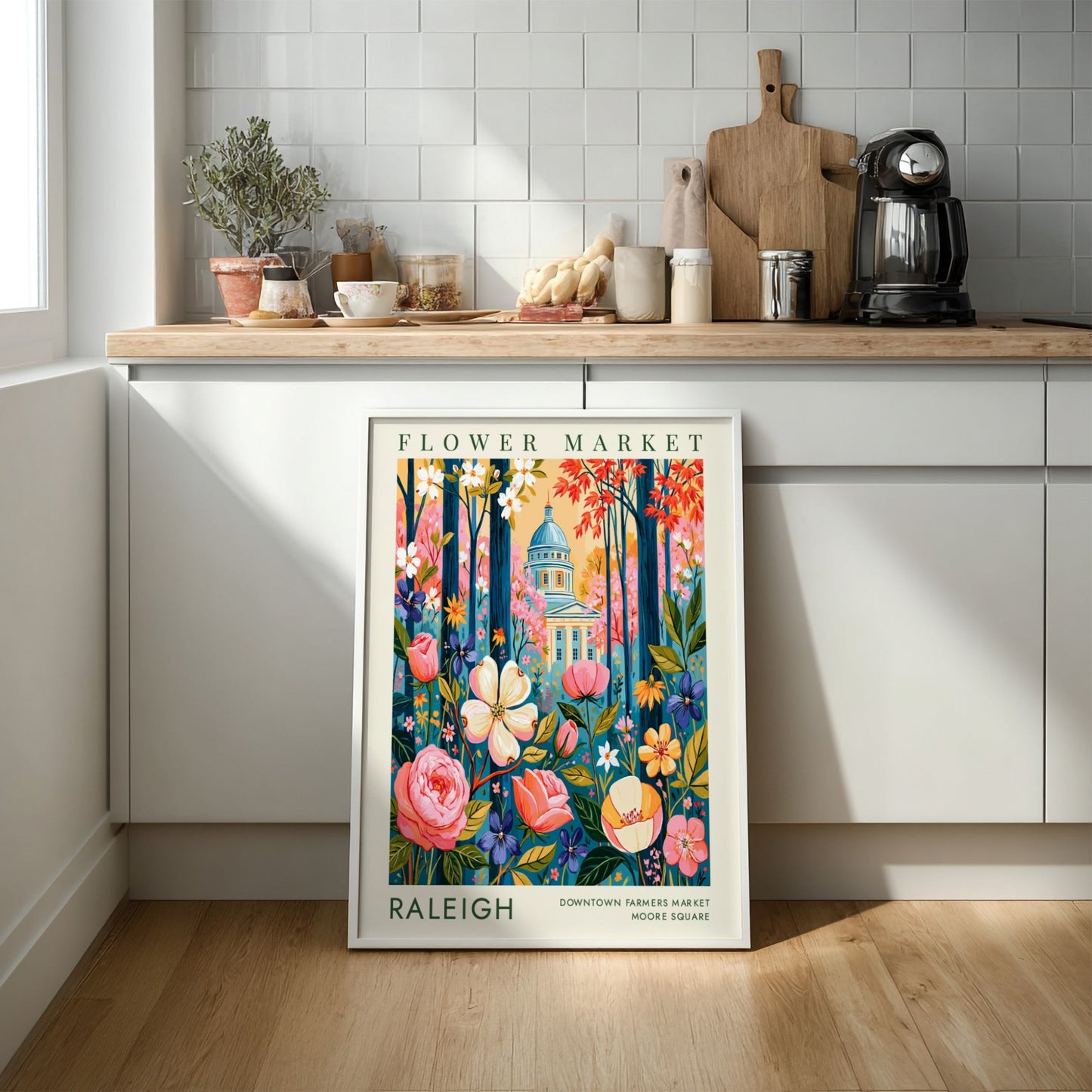 Flower market poster showcasing colorful blooms and Raleigh cityscape in vibrant colors