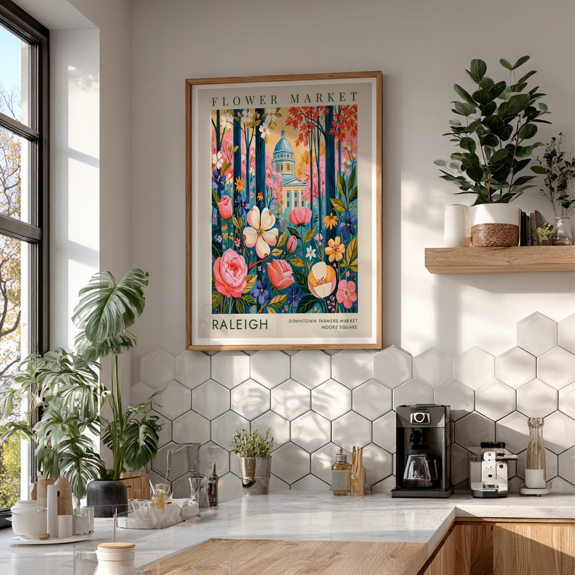 Flower market poster showcasing colorful blooms and Raleigh cityscape in vibrant colors
