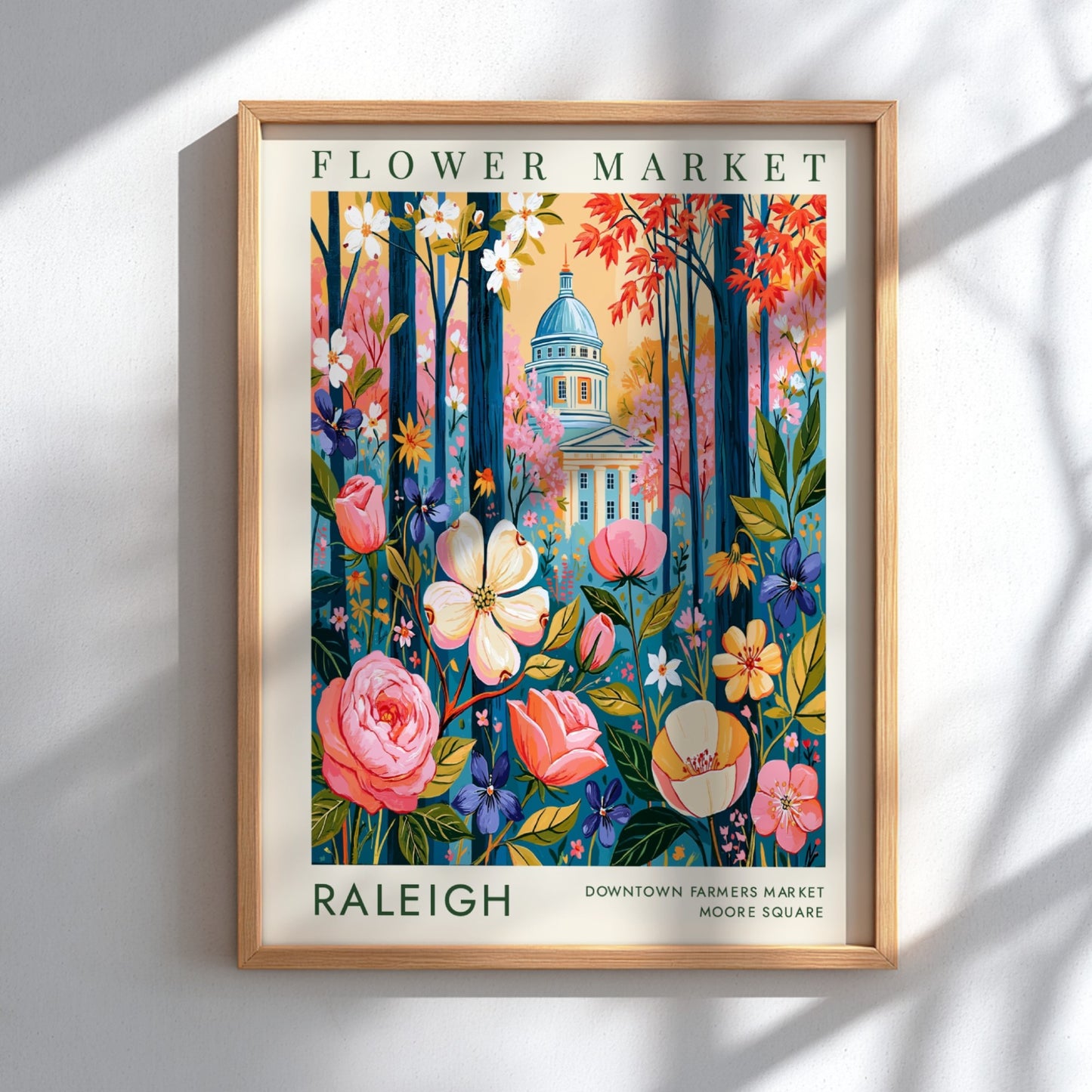 Flower market poster showcasing colorful blooms and Raleigh cityscape in vibrant colors
